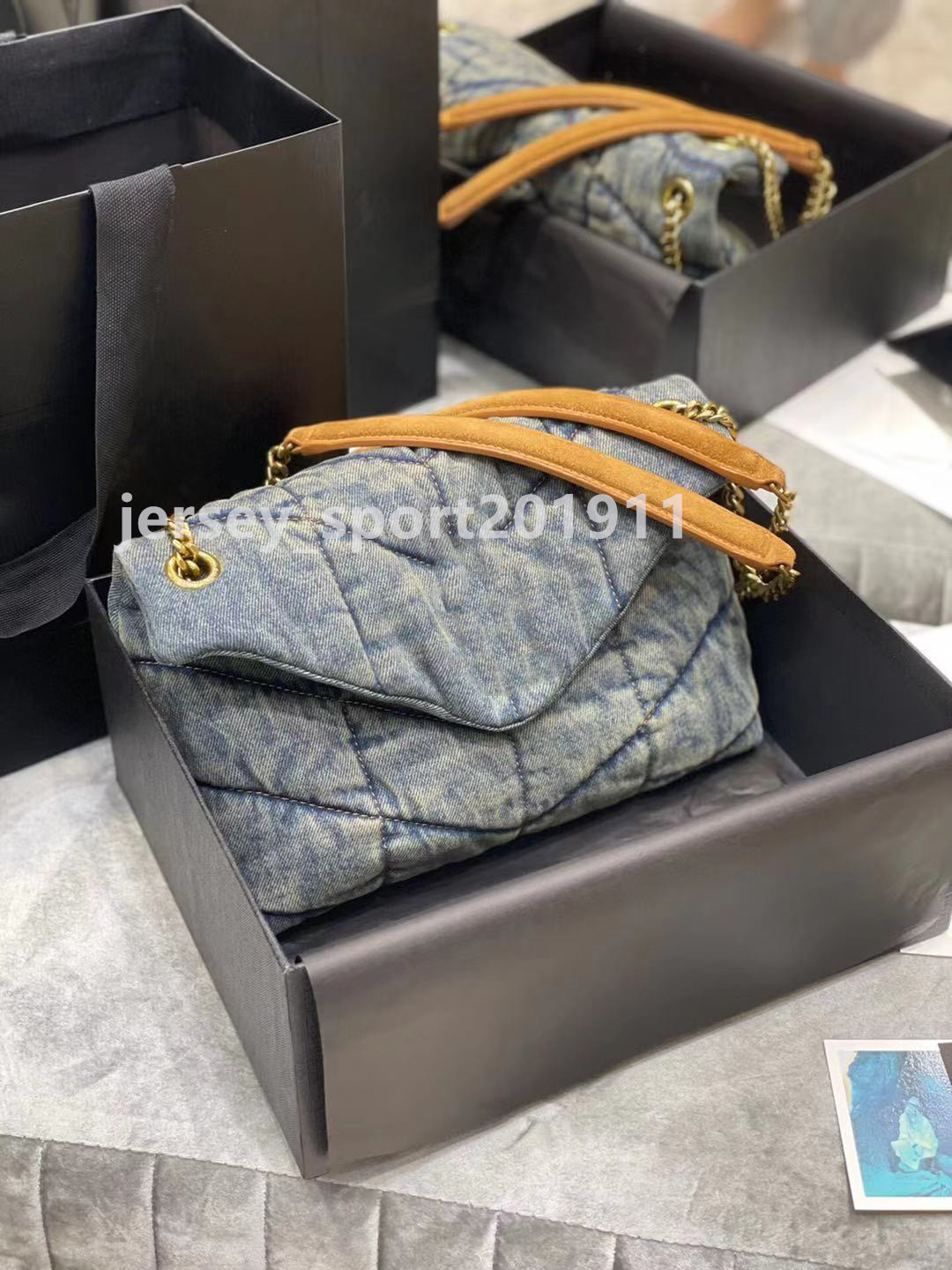 

2021 LOULOU puffer Denim Jeans 577476 Shoulder Bag Women Tote Handbag Purse Frosted cowhide Cowboy Crossbody Bags Detchable Strap Flap Messenger HandBags, Gift bags