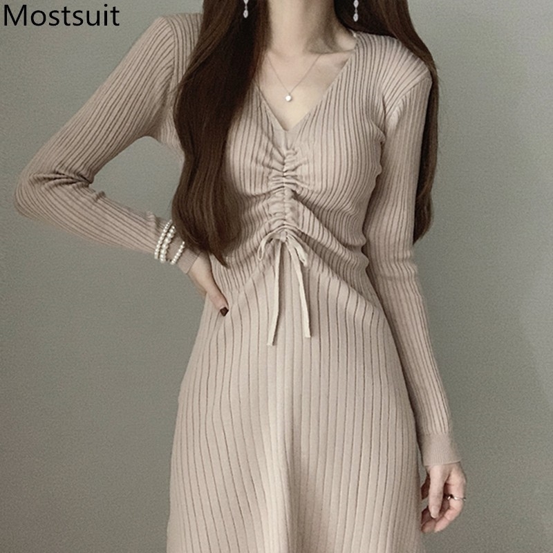 

Korean Elegant Knitted V-neck Sweater Dress Women Autumn Long Sleeve Drawstring Basic Ladies Dresses Vestidos Femme 210518, Black