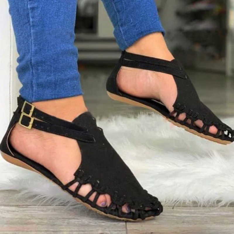 

designer Women Flat Sandals Summer Closed Toe Ladies Beach Shoes Gladiator Buckle Strap Hollow Out Female Sandals, Black