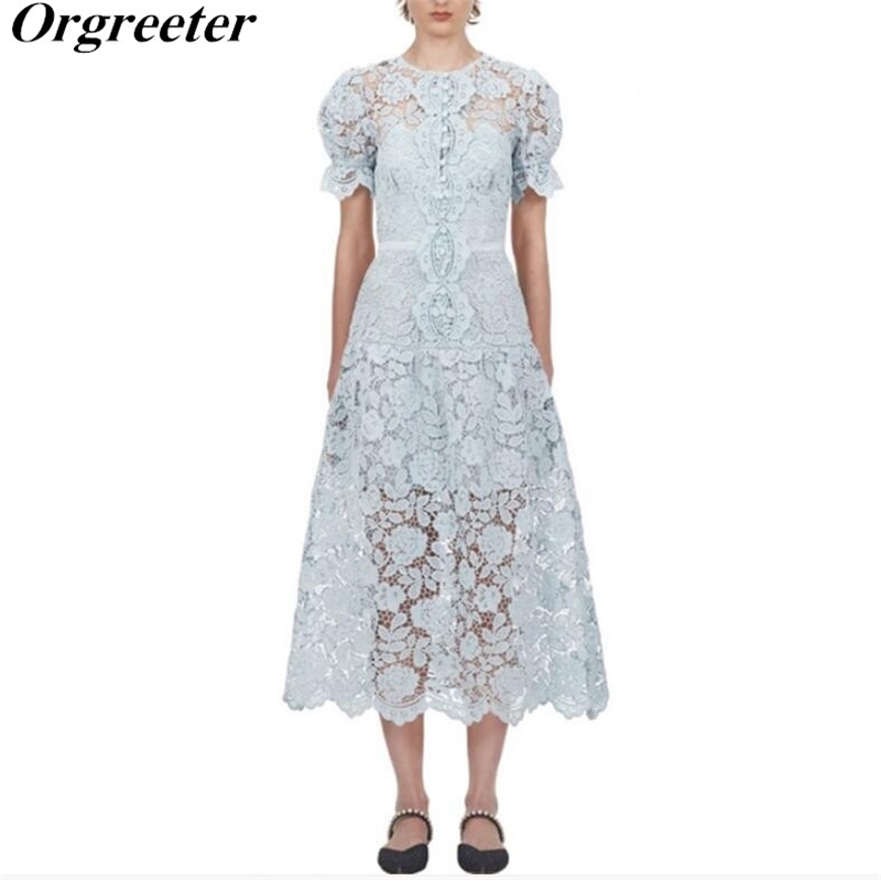 

Vintage Blue Hook flower hollow Lace Long Dress Women Sexy Puff sleeve Ruffles Trim Embroidery Party 210525, Picture color
