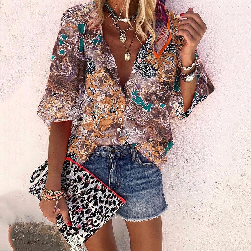 

Women' Blouses & Shirts Large Size Loose Women Blouse 2021 Summer V-neck Printed Tops Fashion Casual Five-point Sleeve, Beige