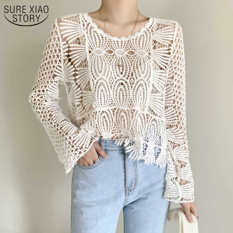 

Korean Office Lace Blouse O-Neck Long Sleeve Sunscreen Sexy Shirt Woman Sweet Hook Flower Hollow Elegant Chemisier Femme 12693 210527, White