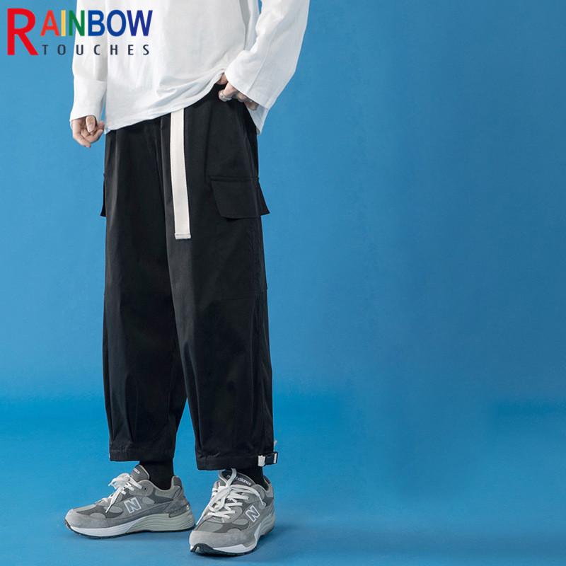 

Men's Pants Rainbowtouches Loose Straight Trousers Men Hip- Fashion Casual Pure Color Cropped Cargo Boy Sports Superior Quality, Black