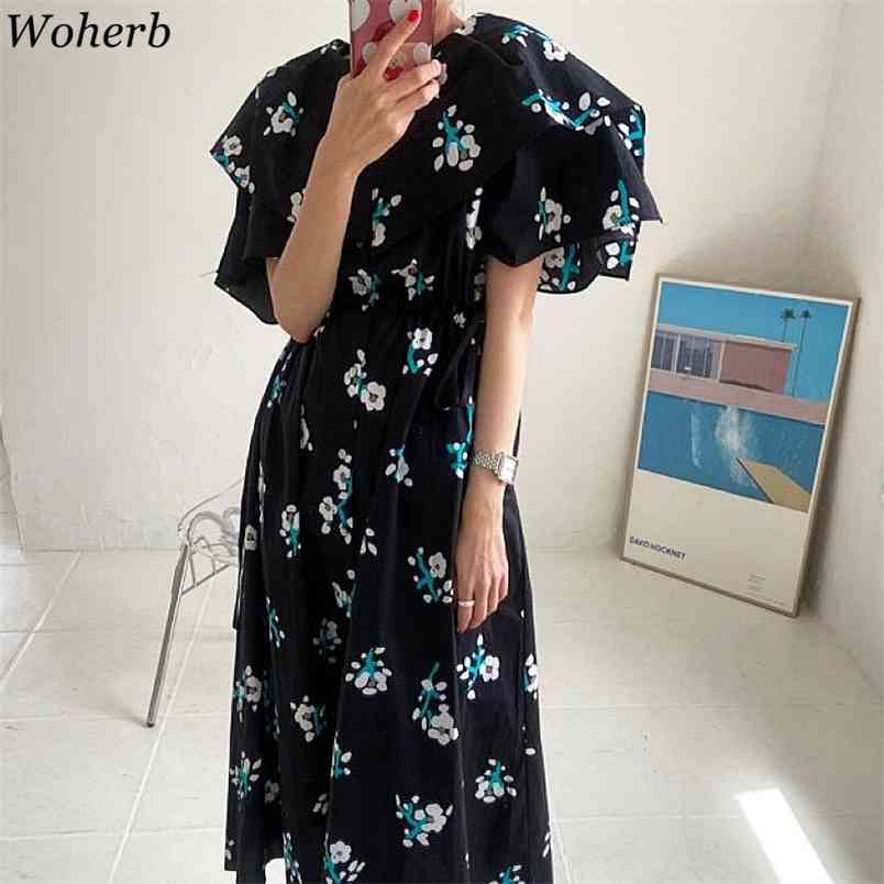 

Vintage Temperament Dress Women Sweet Ruffles Puff Sleeve Floral Chiffon Vestidos Summer High Waist Slim Dresses 210519, Apricot