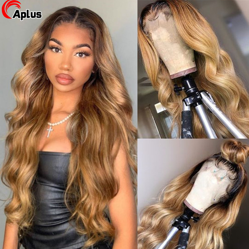 

26inch Ombre Human Hair Wig 4x4 Lace Closure Wig Colored Honey Blonde Body Wave, Natural color