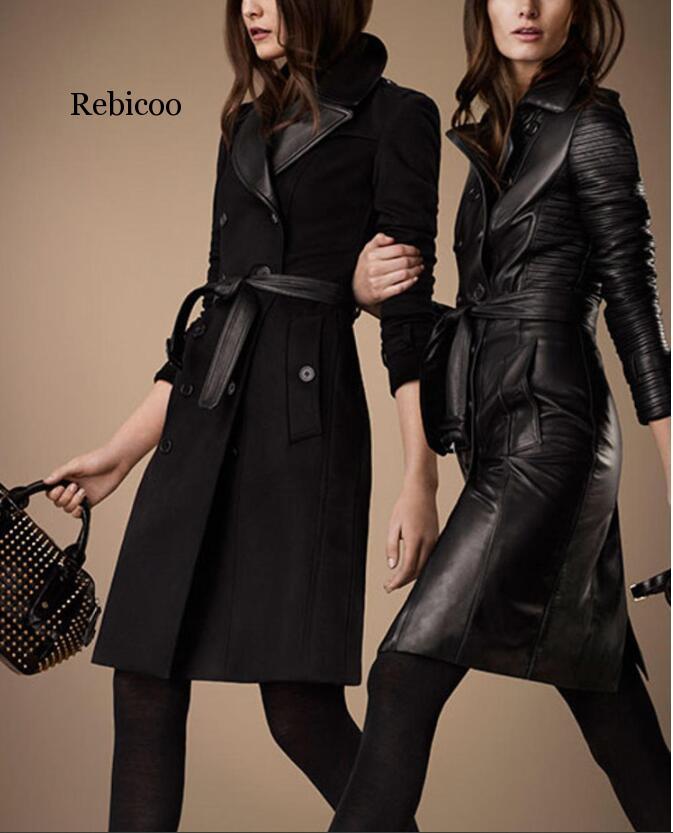 

Autumn Winter Women Vintage PU Leather Lapel Jacket Double Breasted Black Trench Coat Motorcycle Casual Soft Long Overwear