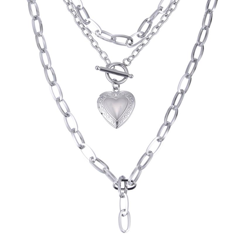 

Chains Fashion Hip Hop Silver Plated Link Chain Heart Thick Jewelry Layered Necklaces
