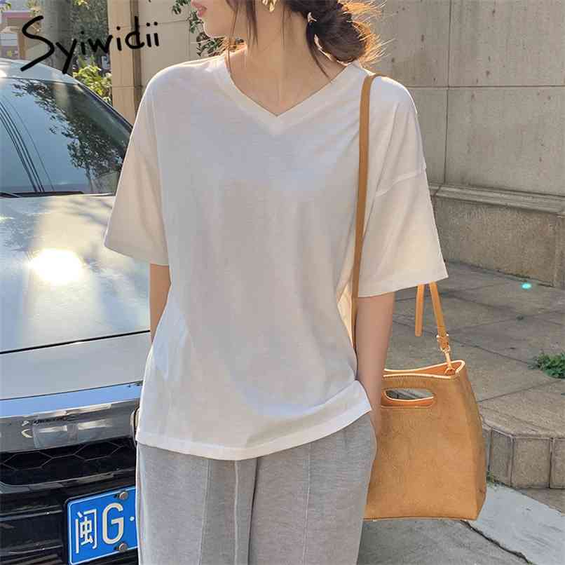 

Harajuku T Shirt for Women Cotton Casual V Neck Korean Fashion Summer White Tops Short Sleeve Loose Green T-shirts 210607