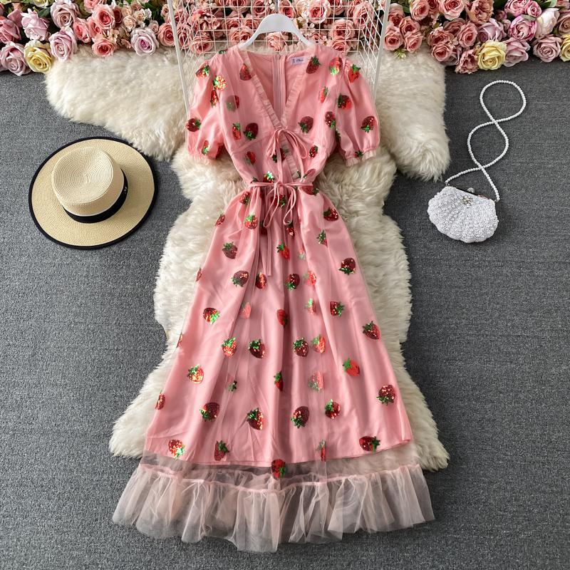 

Sweet Pink Mesh Dress Women Summer V-neck Puff sleeve Bow Tie Sequined Strawberry Plus Size -XXL 210525