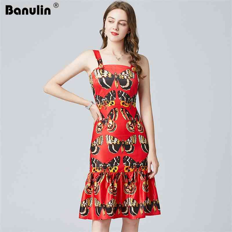 

Women Summer Sexy Spaghetti Strap Metal Button Mermaid Dress Fashion Printed Bodycon Runway Vestidos 210603, Red