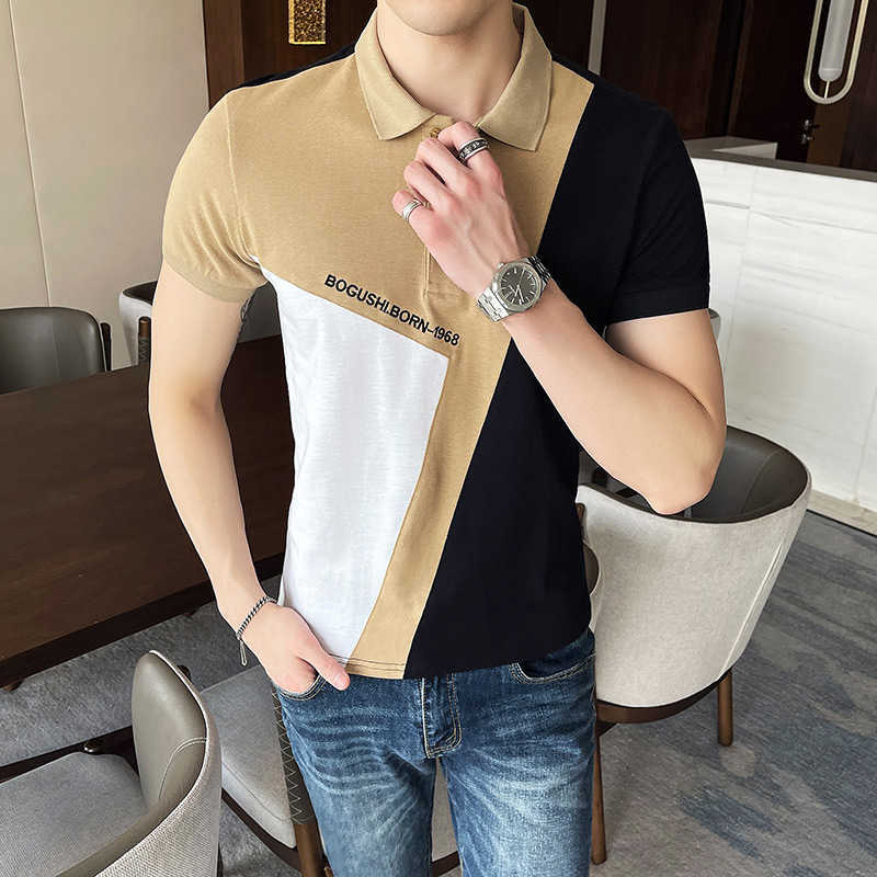 

Summer Short Sleeve POLO Shirts Men Color Contrast Knitted POLO Shirts Lapel Business Casual Slim Tee Tops Street Wear 210527, Dark brown