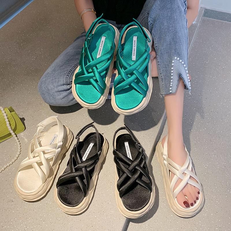 

Sandals Low Woman Leather Low-heeled Rubber Fabric Rome Hoof Heels PU Slides Rubb