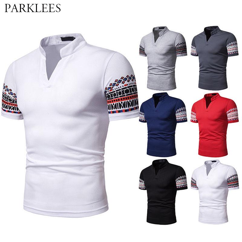 

Solid Color V Neck Men Tshirt Dashiki African Printed Patchwork Mens T Shirts Casual Slim Fit Summer Tops Tee Clothing Men's T-Shirts, Black
