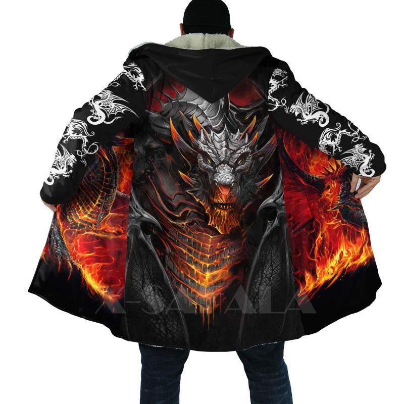 

Men' Wool & Blends Viking Skull And Dragon Armor Tattoo Cross All Over 3D Printed Thick Warm Hooded Cloak For Men Windproof Fleece Unisex C, D373