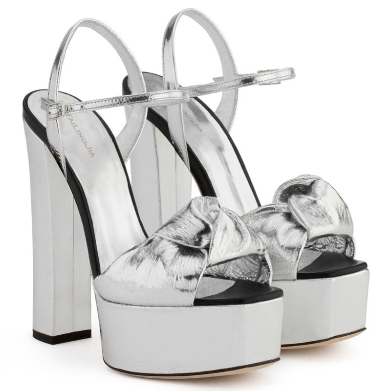 

Silvery Gold Patent Leather Platforms Women Knotted Super High Heel Sandals Dress Heels Ladies Chunky Summer Shoes