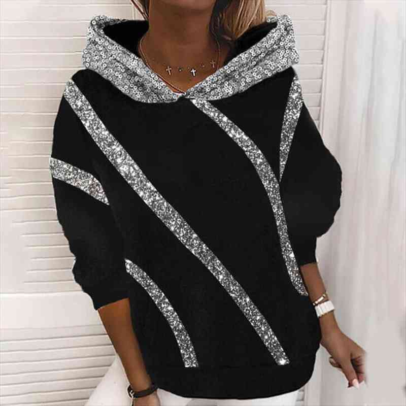 

Sequined Print Hooded Casual Womens Hoodies Spring Long Sleeve Female Sweatshirts Trend Streetwear Fashion Ladies Pullover, Black