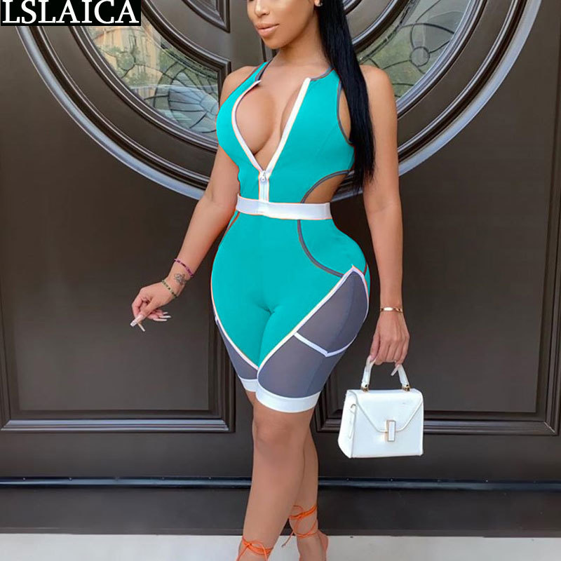 

Hollow Out Sexy Overalls for Women Color Matching Zipper Design Slim Clothing Sleeveless Summer Knitted Bodys Para Mujer 210520, Beige