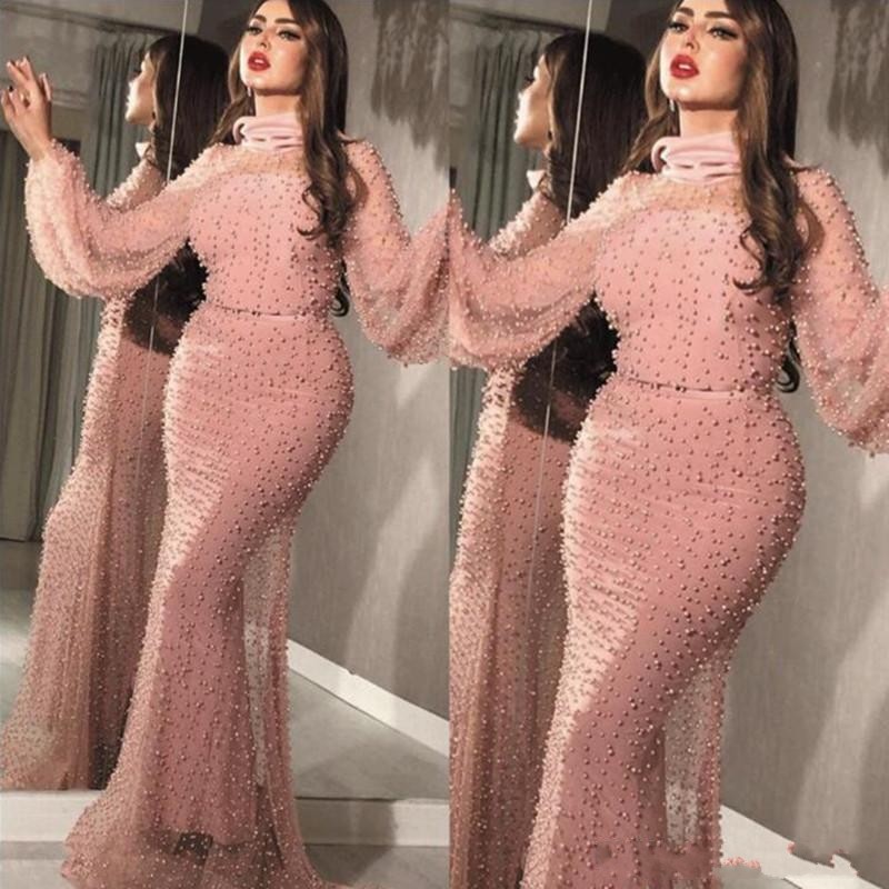 

2021 Arabic Dubai Blush Pink Mermaid Evening Dresses Wear High Neck Beaded Pearls Poet Long Sleeves Formal Party Gowns Celebrity Prom Dress, Light purple