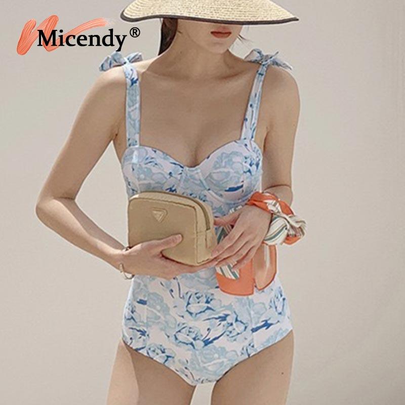 

Micendy 2021 Swimsuit One-piece Dress Korean Women Push Up Swimswear Sexy Bandage Bathing Suits Swim Cute Monokinis Floral Print