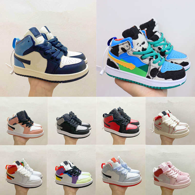 

1 2021 Jumpman Kids Basketball Shoes Children Toddler Sports Red Chicago Boy Girls 1s Basket Ball Pour Enfants Floral Embroidery size 22-35, As photo