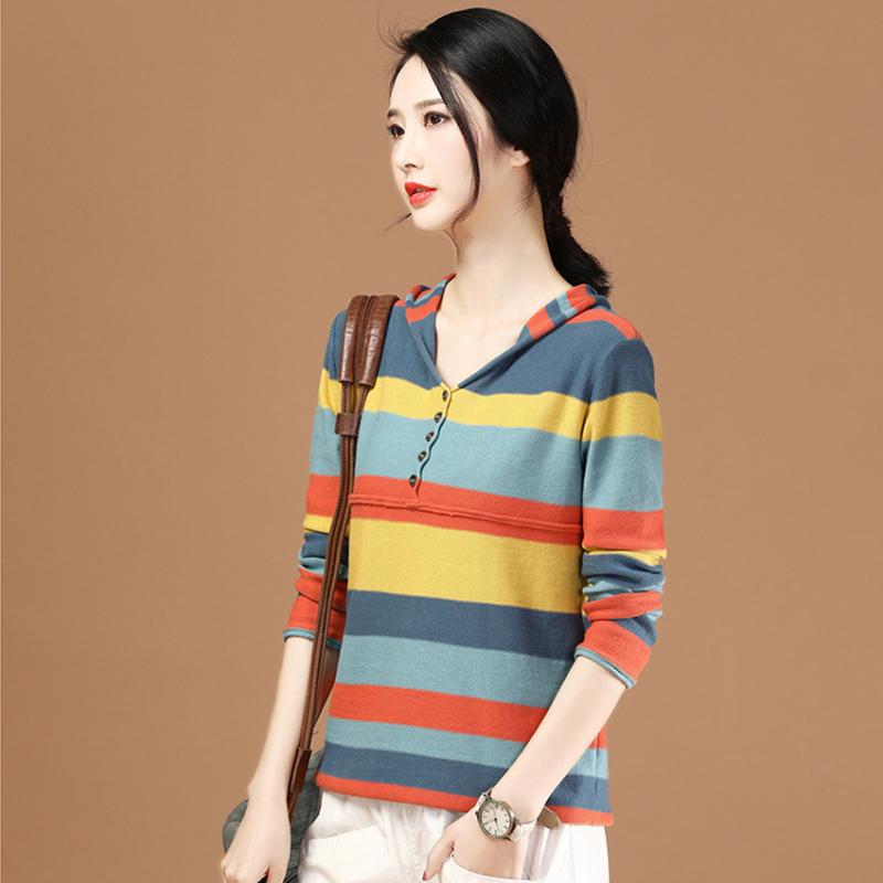 

Women's Hoodies & Sweatshirts Casual Women Cotton Sweatshirt Hoodie Autumn Winter Long Sleeve Tops Female Pullover 2021 Rainbow Stripes Loos