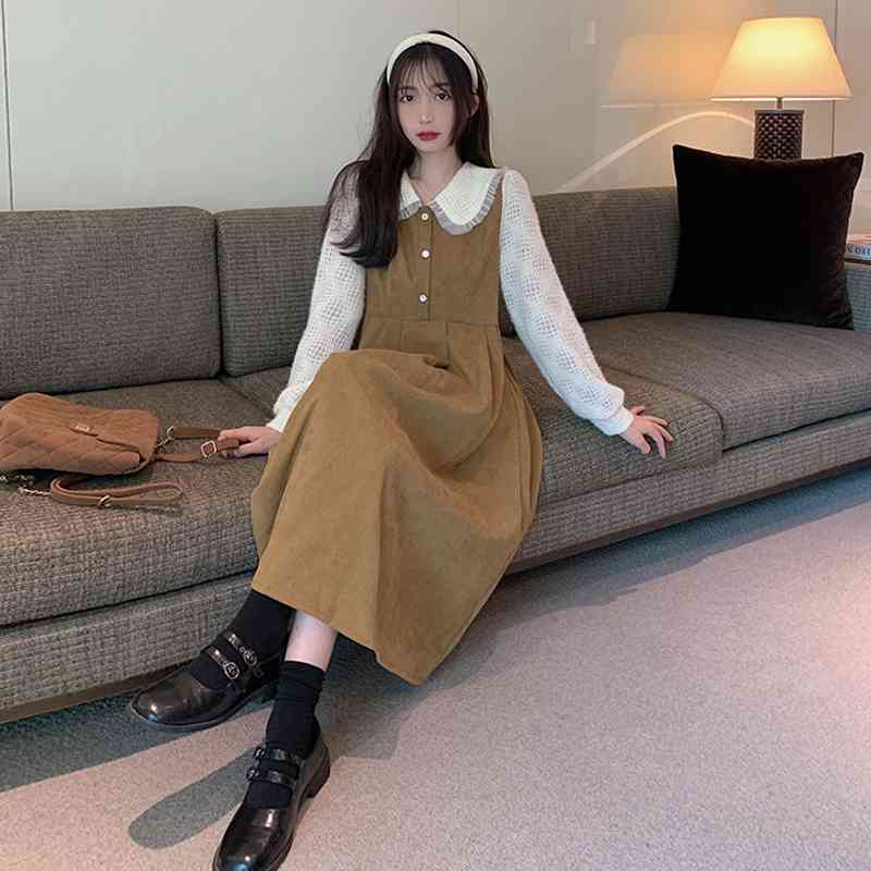 

Chic Dresses Woman Autumn Korean Ins Fashion Stitching Fake Two-piece Doll Collar Long Sleeves A-line Dress, Black;gray