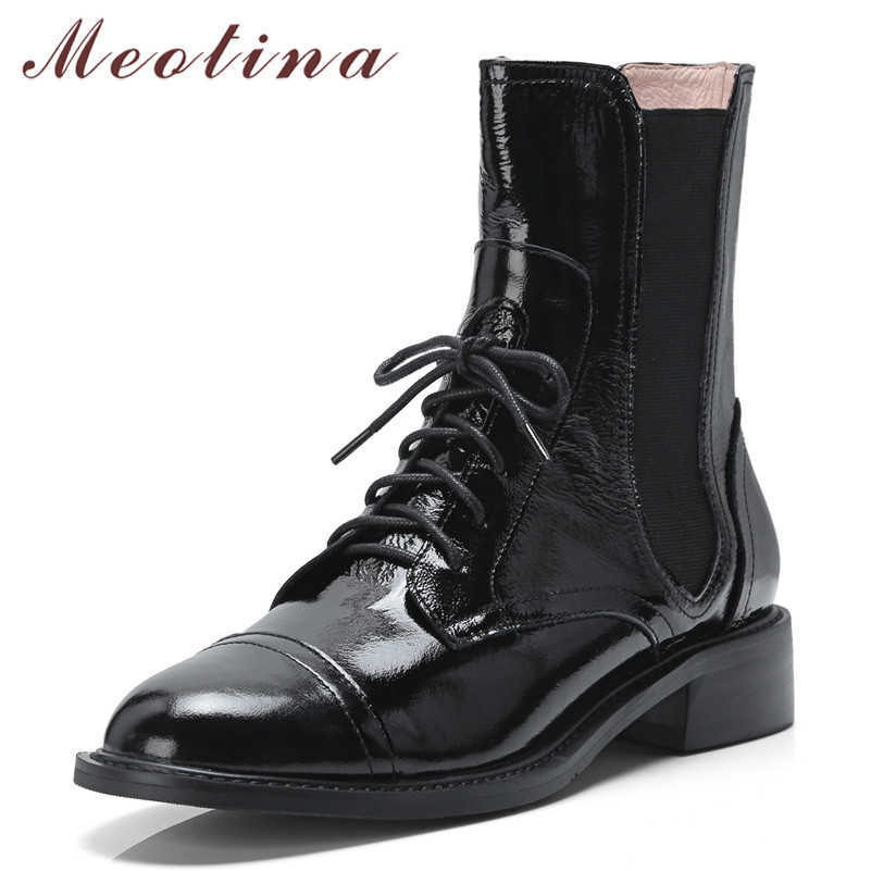 

Meotina Autumn Ankle Boots Women Natural Genuine Leather Chunky Heel Short Boots Fashion Lace Up Shoes Lady Black Spring Size 39 210608