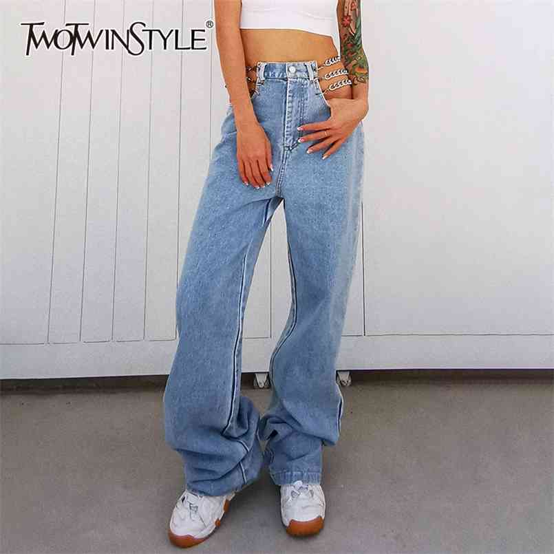 

Chain Hollow Out Jeans For Women High Waist Full Length Sexy Wide Leg Pants Female Summer Fashion Style 210521, Blue