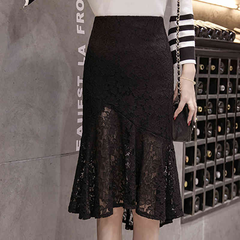 

Casual Dresses shintimes Autumn Fashion Elegant Embroidery Women Skirt Irregular High Waist Fish Tail Lace Ladies Black  jupe fem