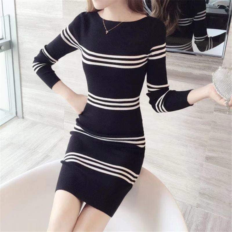 

Casual Dresses Autumn Splice Color Contrast Stripe Knitting Dress Fashion Women O-Neck Slim All-Match Mid-length Dress0822, Black