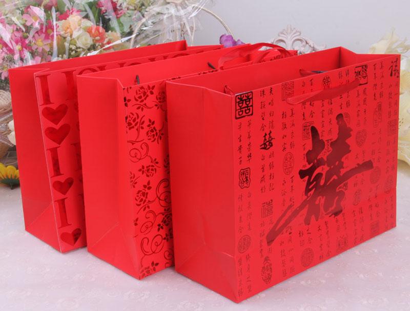 

Gift Wrap Chinese Traditional Red Double Happiness Wedding Paper Bag With Handle Package Candy Bags 25*9.4*19cm 100pcs/lot