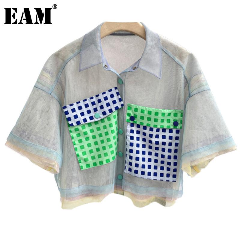 

Women's Blouses & Shirts [EAM] Women Blue Plaid Spliced Big Size Short Blouse Lapel Half Sleeve Loose Fit Shirt Fashion Spring Summer 2021 1, White