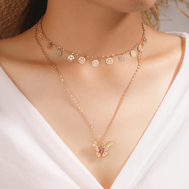 

Pendant Necklaces Modern 2 Layers Alloy Gold Plating Sequin Choker Long Chain Butterfly Necklace