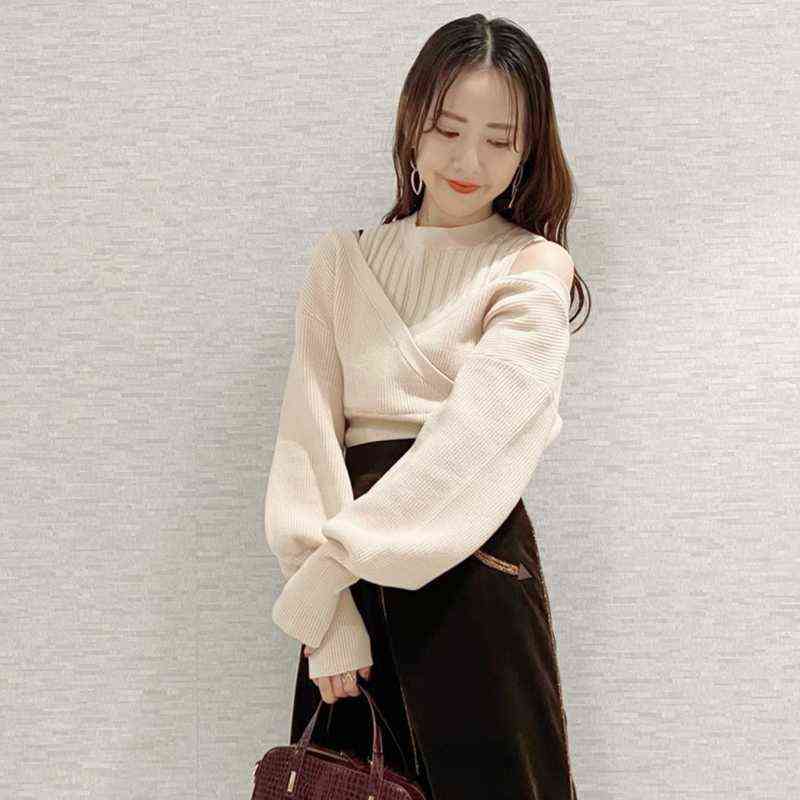 

Vintage Sexy Shoulder Strapless Knit Sweater Women Pullover Long Sleeve Solid Pull Femme Spring 2021 New Slim Fit Sueter Mujer Y1110, Apricot