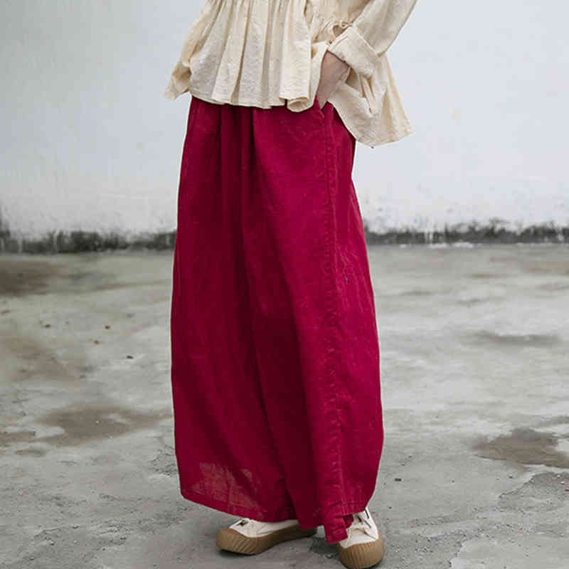 

Johnature Women Cotton Linen Wide Leg Pants Solid Color Vintage Trouser Summer Elastic Waist Pockets Female Loose Pants 210521, Red