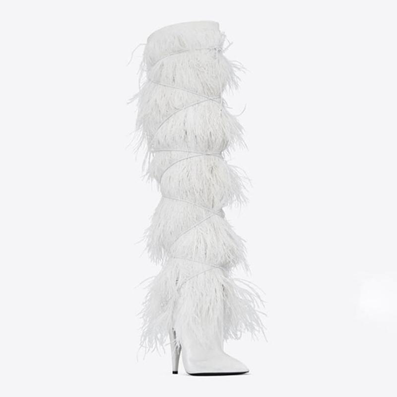 

Boots Custom Made Fether Winter Over The Knee High Heel Runway Women Shoes Warm Rivet Bird Feather Fashon Party 10 Cm, Black