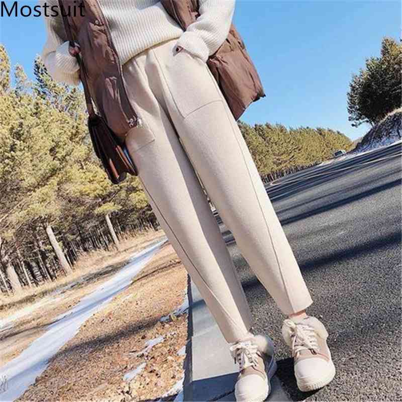 

Autumn Winter Woolen Harem Pants Trousers Women Plus Size Elastic Waist Pockets Korean Loose Casual Ankle-length 210518, Apricot