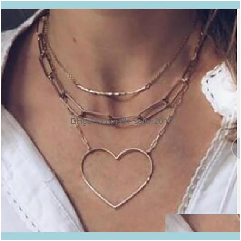 

Jewelrygold Color Choker Necklace For Women 3 Layers Big Alloy Heart Pendant Chain Necklaces & Pendants Veet Chokers Fashion Jewelry Drop De