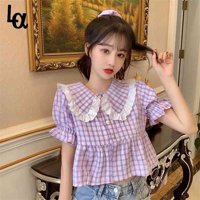 

Summer Plaid Chiffon Bouse Women Elegant Patchwork Kawaii Tops Female Casual Japanese Style Sweet Korean Blouse 210519, Purple