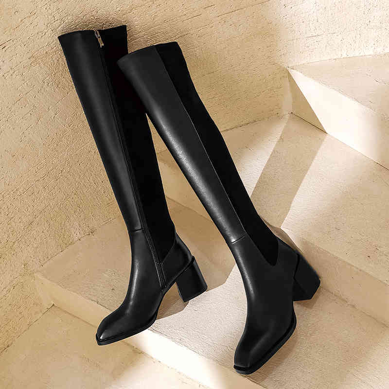 

boots bota de couro genuÃ­no, botas altas da moda para outono e inverno com salto alto grosso, acima do joelho trabalho em festa fxxe, Black