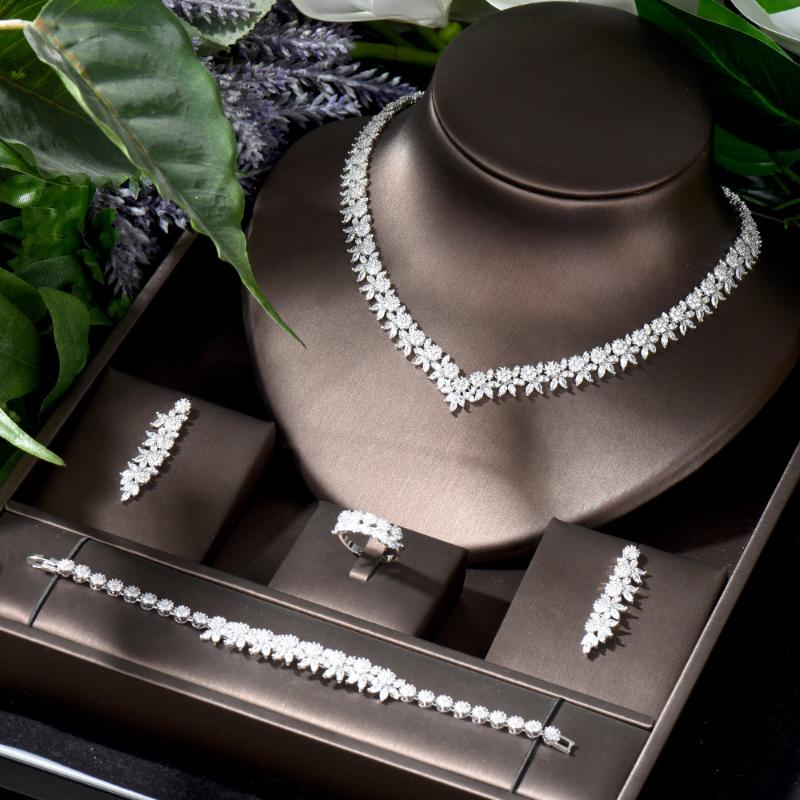 

Earrings & Necklace HIBRIDE Clear Shinly Cubic Zirconia Jewelry Sets For Women Bridal Party Leaf Shape Nigeria Wedding Bijoux N-1112, Silver