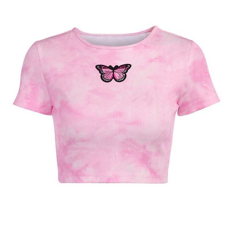 

Paris Girl Embroidered Tie-Dye O-Neck Crop Top Temperament Summer Short Sleeve T-Shirt for Women Fashion 210524, Pink