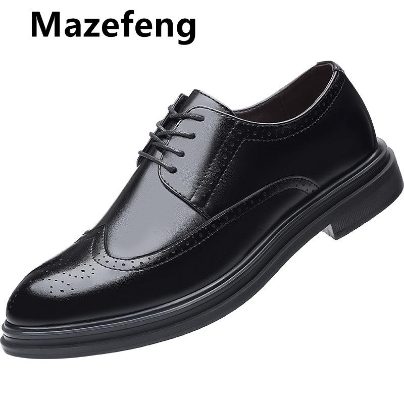 

Flat Classic Men Dress Shoes Patent Leather Wingtip Carved Italian Formal Oxford Footwear Plus Size 38-47 For Winter, Black