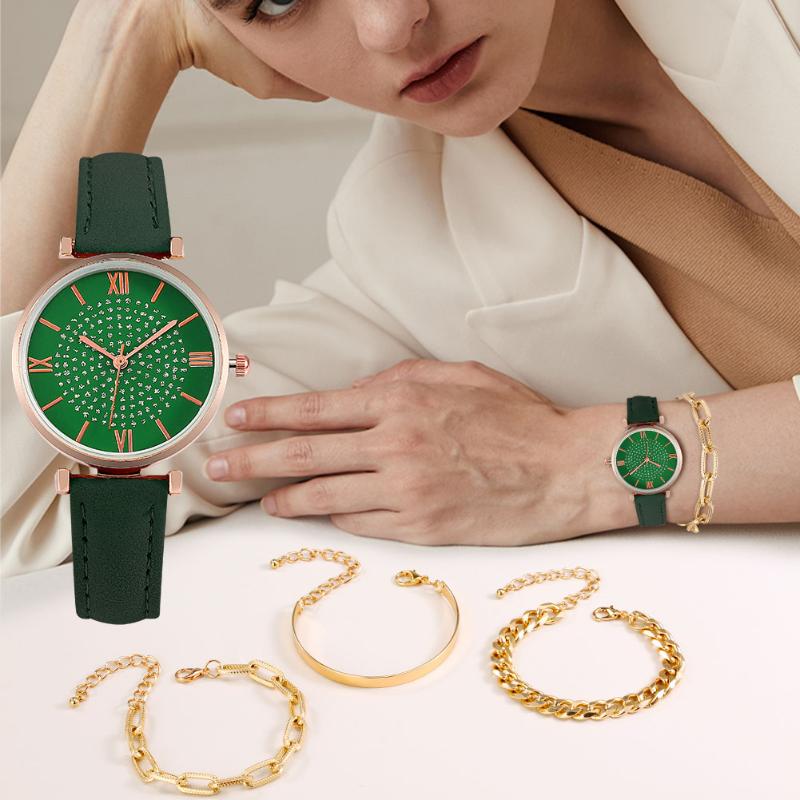 

Wristwatches Fashion Women's Quartz Watch Set Gift For Girlfriend Gold Bracelet Black Leather Strap Exquisite Bag Packaging, Set a