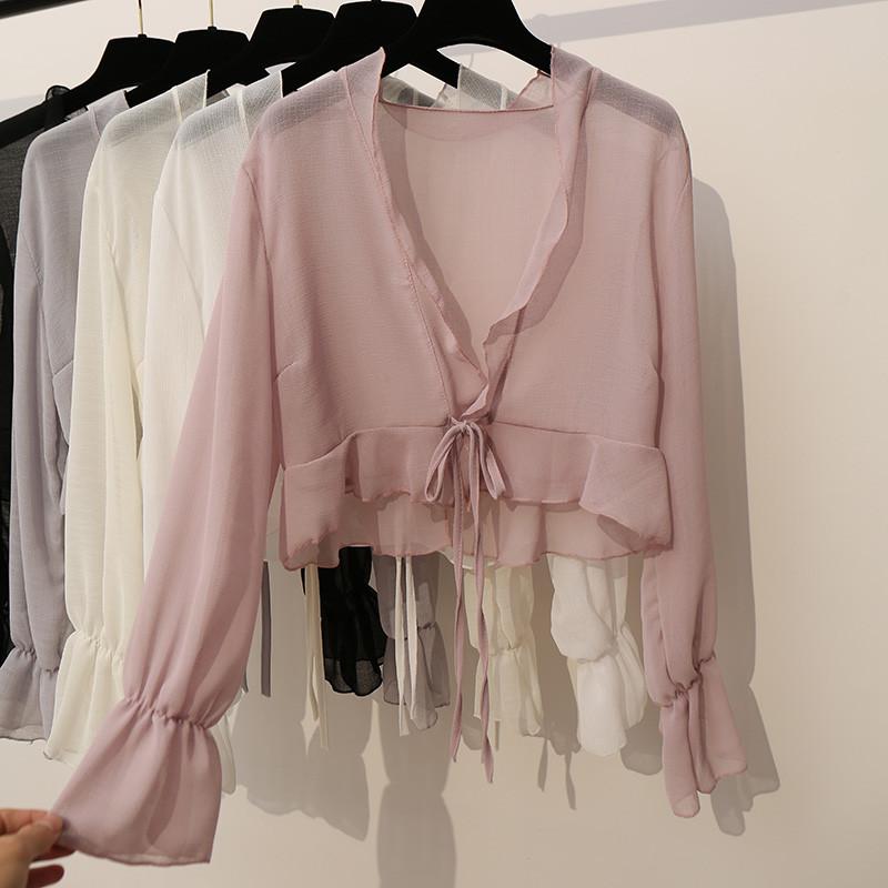 

Women's Blouses & Shirts Women Summer Fashion Short Chiffon Tops Long Flare Sleeve Sunscreen Ruffled Hem Sun Protection Blouse Casual Blusa, Pink