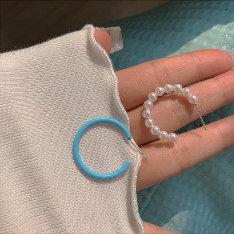 

Hoop & Huggie YAOLOGE 2021 Blue Asymmetric Earrings Geometric Pearl Round Circle For Women Gift Fashion Girls Party Jewelry Brincos