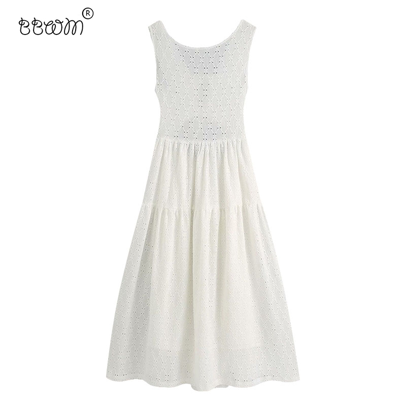 

Women Chic Fashion Hollow Out Midi Dress With Lining Vintage Backless Bow Tie Straps Dresses Female Vestidos 210520, As picture