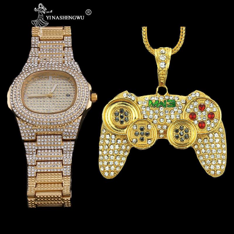 

Pendant Necklaces Luxury Gold Men Watch & Necklace Combo 2 Pcs Set Hip Hop Chain For Out Jewerly Gifts Relogios Masculino