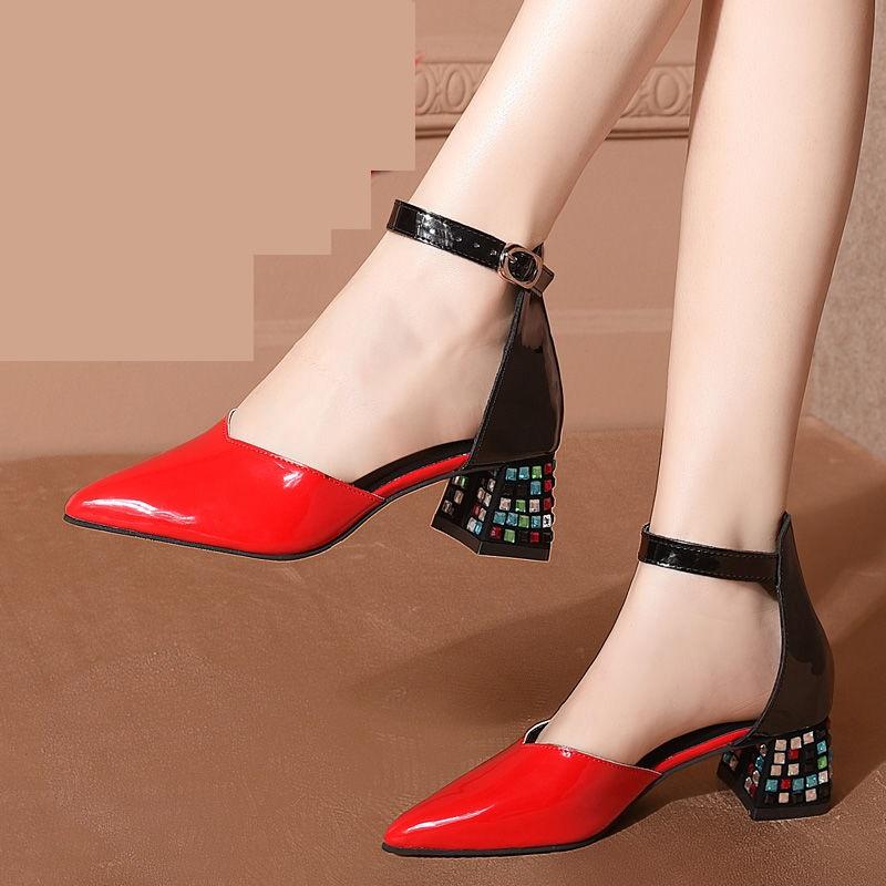 

Dress Shoes Split Leather Women's Shoes,Nice Spring High Heels Sandals,Ankle Strap Rhinestone Heel Pumps,Pointed Toe,BLACK,RED,Drop