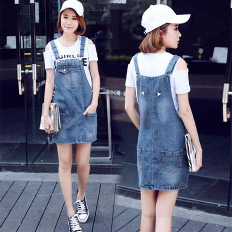 

Women Jeans Suspender Dress Summer Mini Loose A-line Short Casual Multi-pocket Adjustable Strap Blue Overalls 210604, Light blue